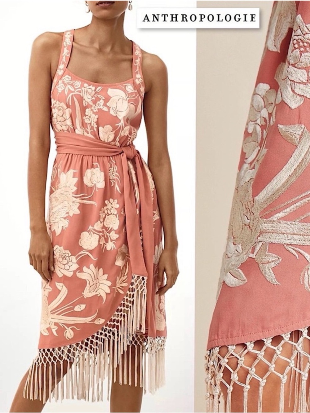 NWT Anthropologie Lucille Dress 22W Pink Floral Embroidered Fringe Crochet Boho
